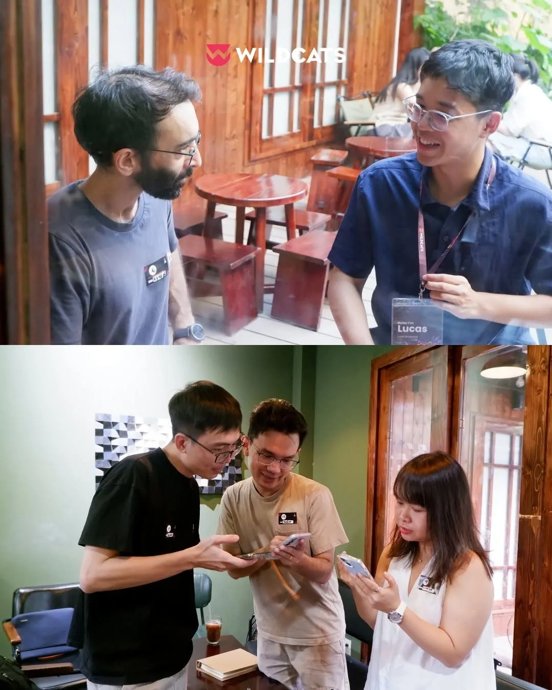 Lucas working with a client in a café, and again mid-build with a team